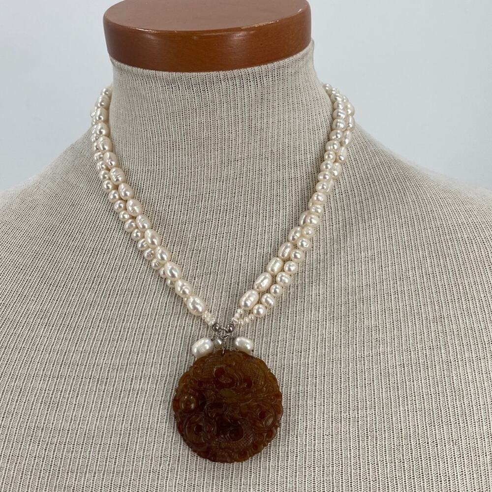 Handmade real pearl carved dragon brown jade necklace